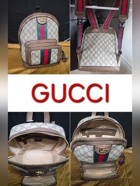 Gucci Beige Monogram Backpack with Green & Red Web Stripe